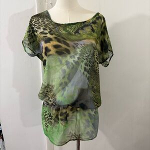 Jordan Taylor Sheer Mesh Leopard Print Green Swim Coverup Blouse Sz S/M